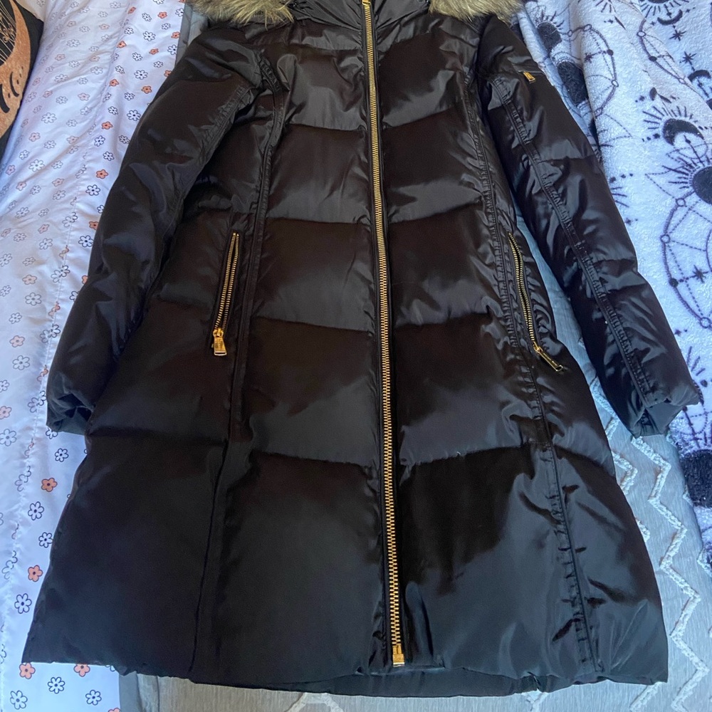 Michael Kors long puffer with faux fur hood lining